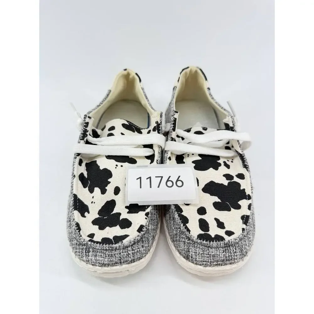 Womens Cow Print Canvas Slip On Shoes Black White Gray EU 36 Casual Loafers